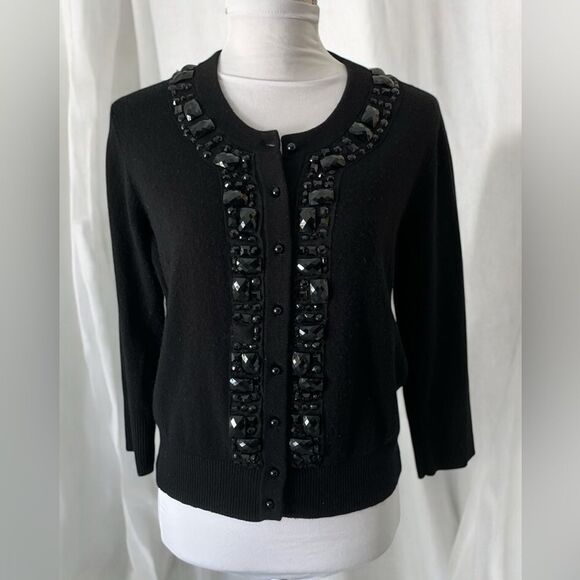 Kate Spade Live Colorfully Black Embellished Neck short Wool Cashmere Blend SZ L - Picture 5 of 7